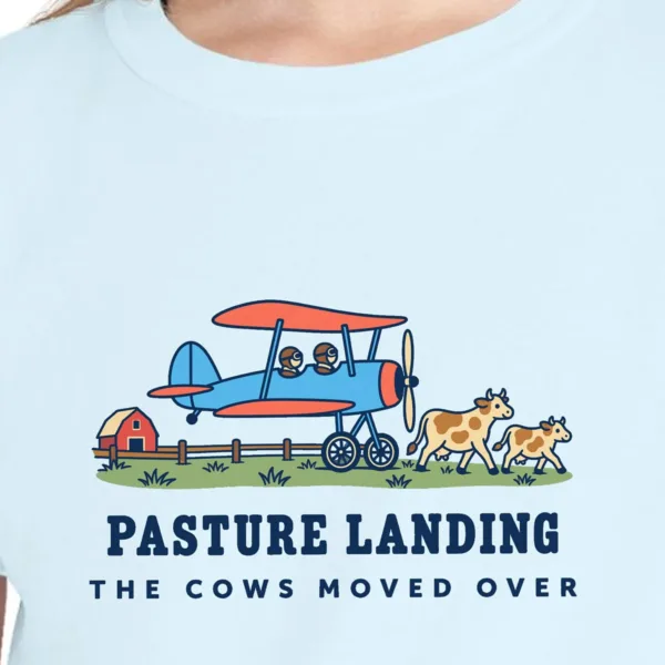 Close-up of the Pasture Landing design on the Chambray kids tee, Comfort Colors 9018 youth tee, with the neckline