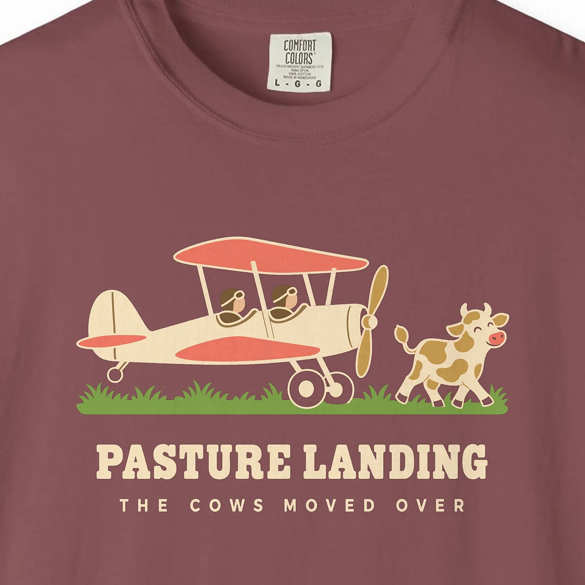pasture-landing-tee-brick-chest Pasture Landing Tee in Brick, close-up