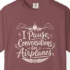 Pause Conversations for Airplanes Night Tee in Brick, close-up
