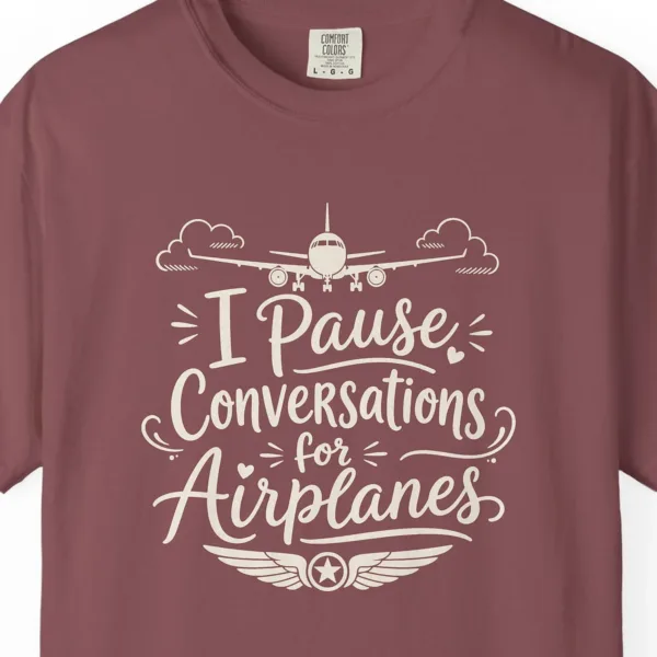 Pause Conversations for Airplanes Night Tee in Brick, close-up