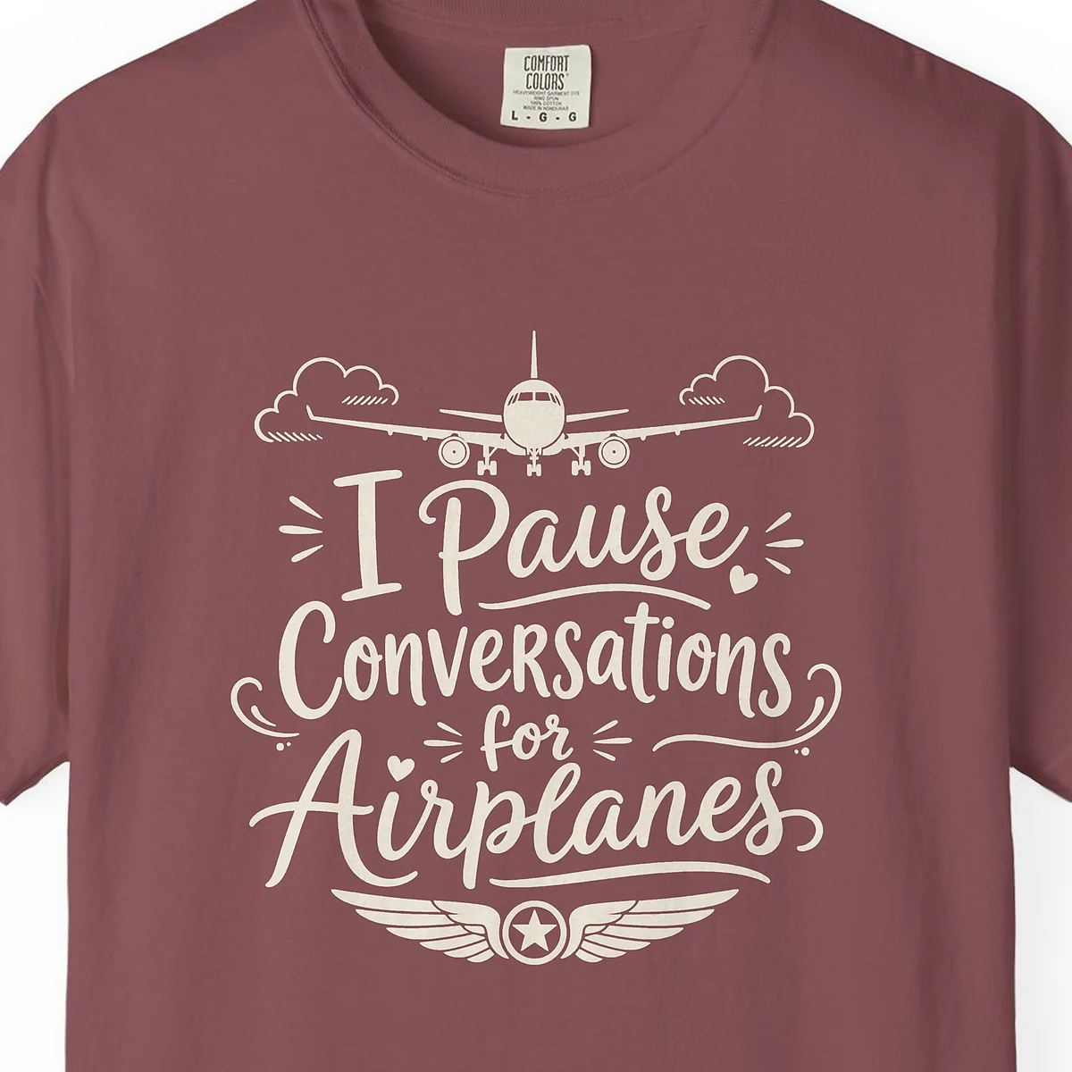 Pause Conversations for Airplanes Night Tee in Brick, close-up