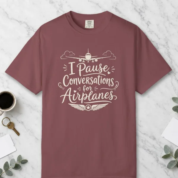 Pause Conversations for Airplanes Night Tee in Brick, front view