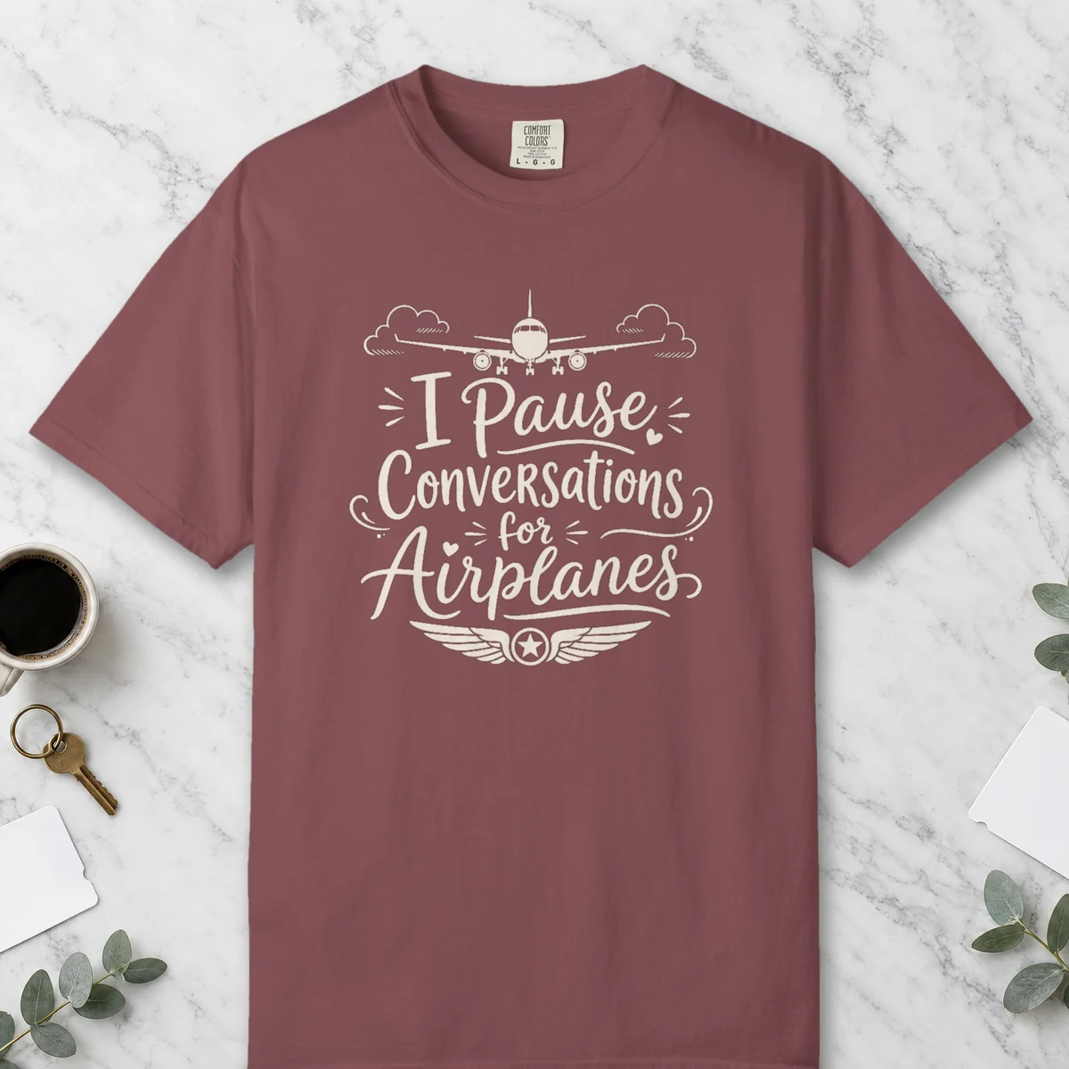 Pause Conversations for Airplanes Night Tee in Brick, front view