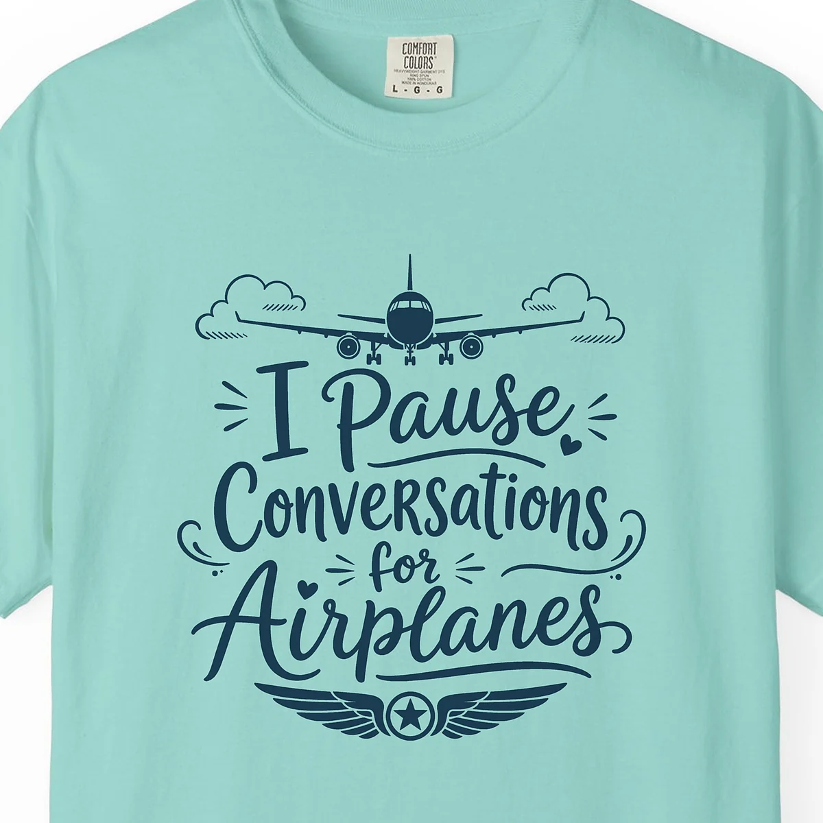 Pause Conversations for Airplanes Tee in Chalky Mint, close-up