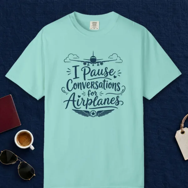 Pause Conversations for Airplanes Tee in Chalky Mint, front view