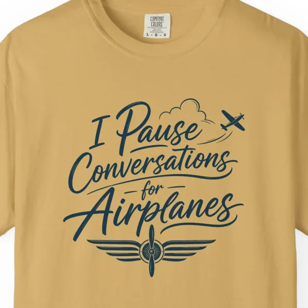 pause-conversations-propeller-tee-mustard-chest Pause Conversations Propeller Tee in Mustard, close-up