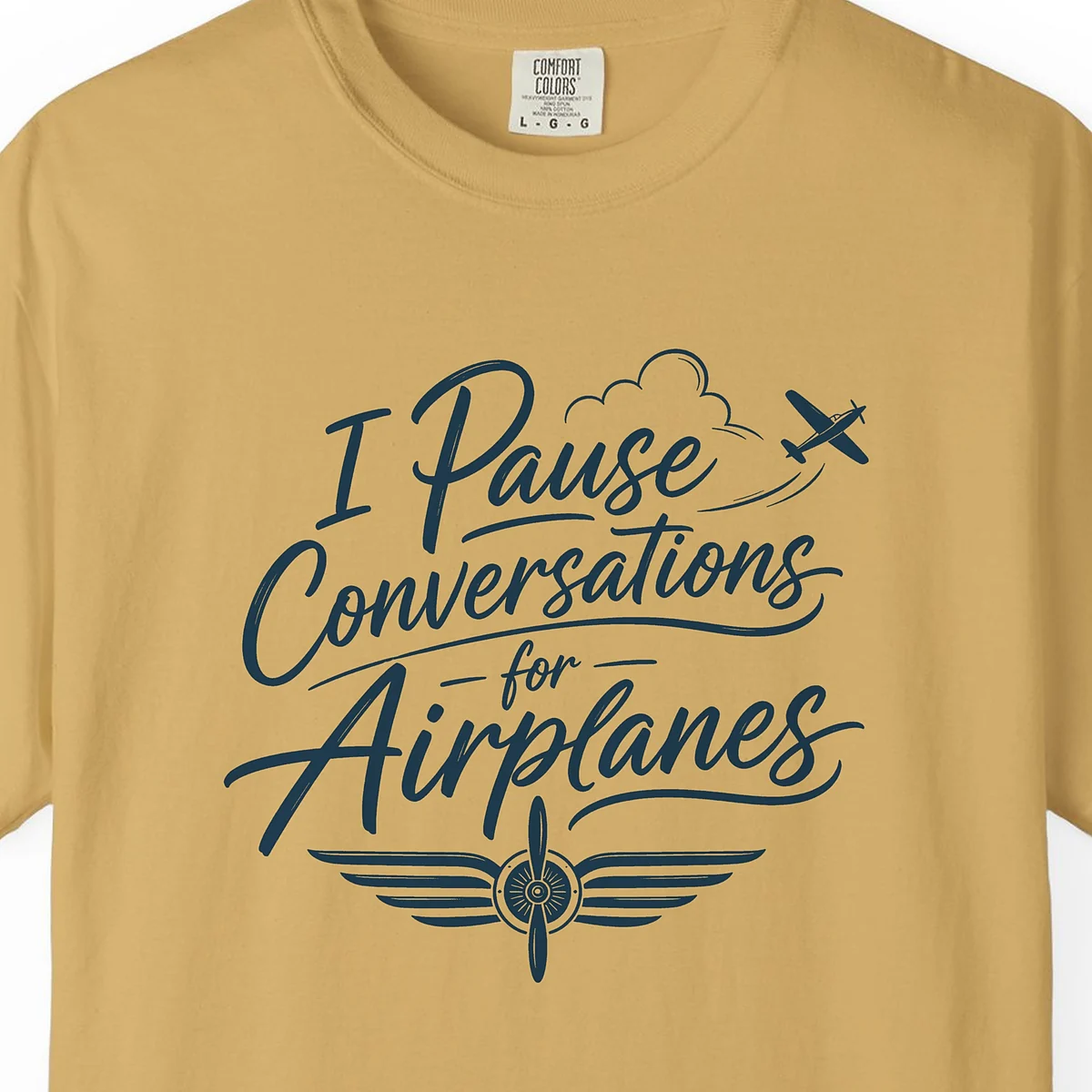 Pause Conversations Propeller Tee in Mustard, close-up