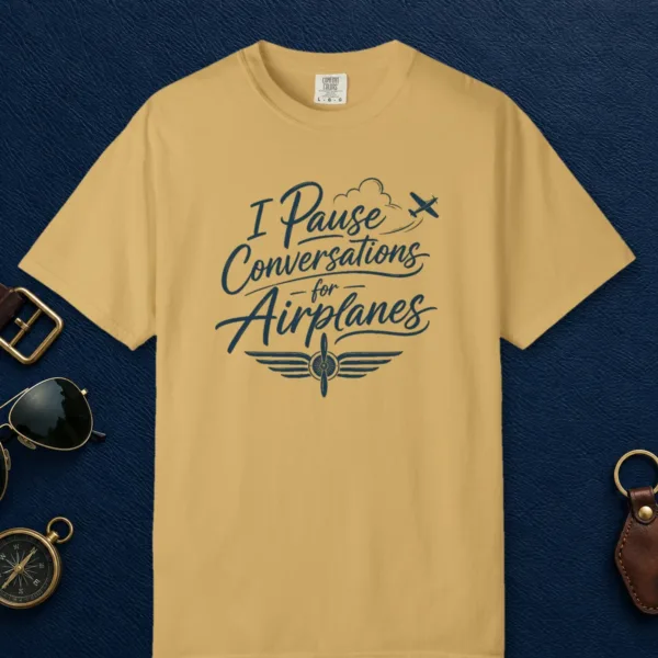 pause-conversations-propeller-tee-mustard-front Pause Conversations Propeller Tee in Mustard, front view