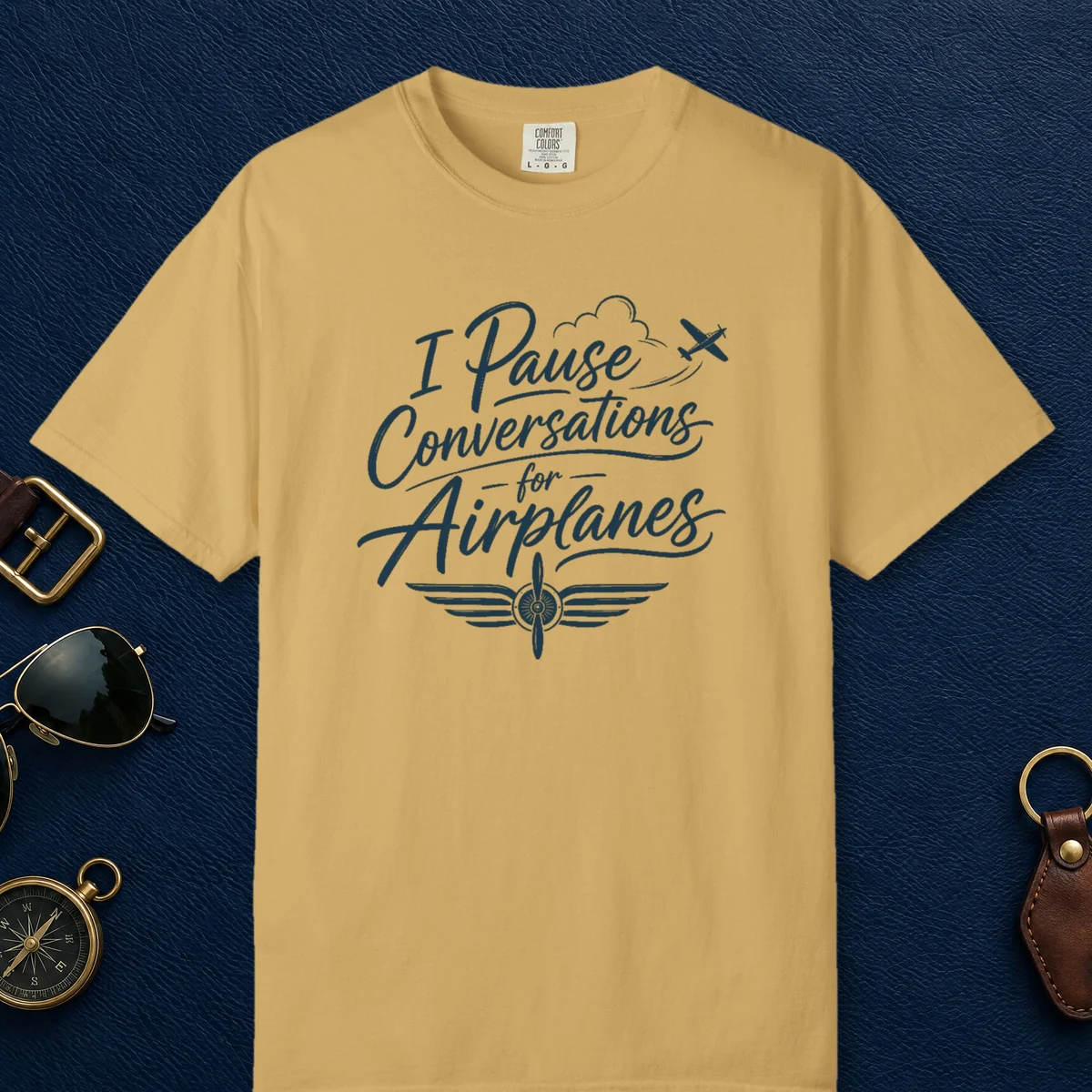 Pause Conversations Propeller Tee in Mustard, front view