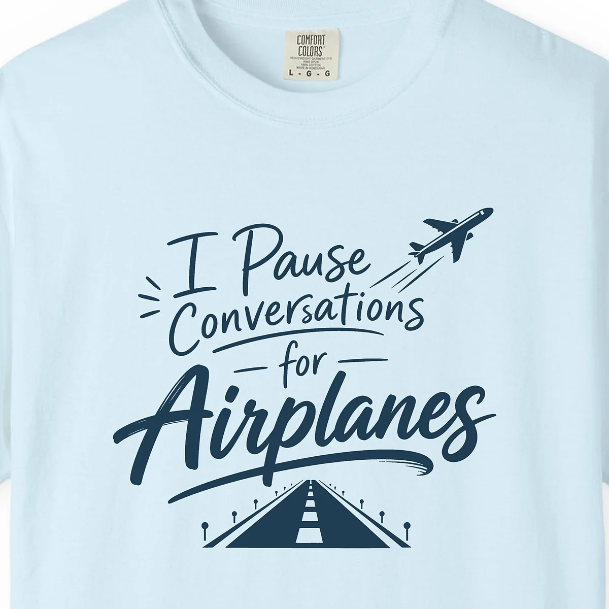 Pause Conversations Runway Tee in Chambray, close-up