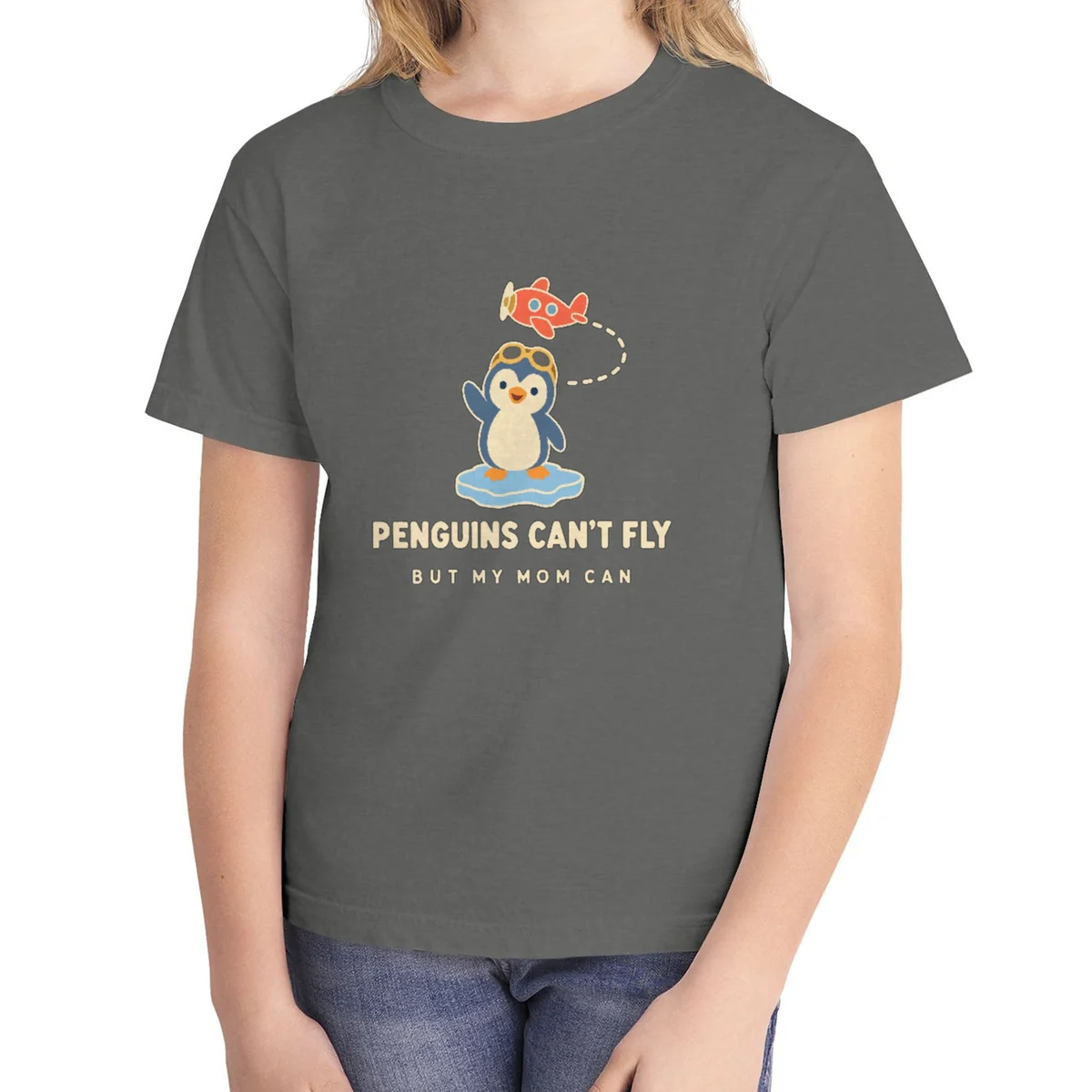 Penguins Can't Fly kids tee in Pepper, Comfort Colors 9018 youth tee, front view