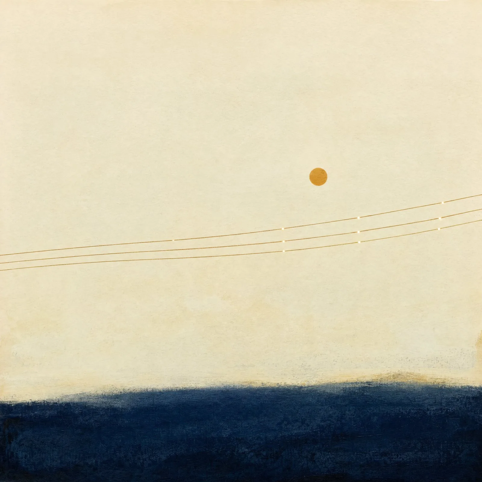 Abstract painting of runway lines and a rising sun