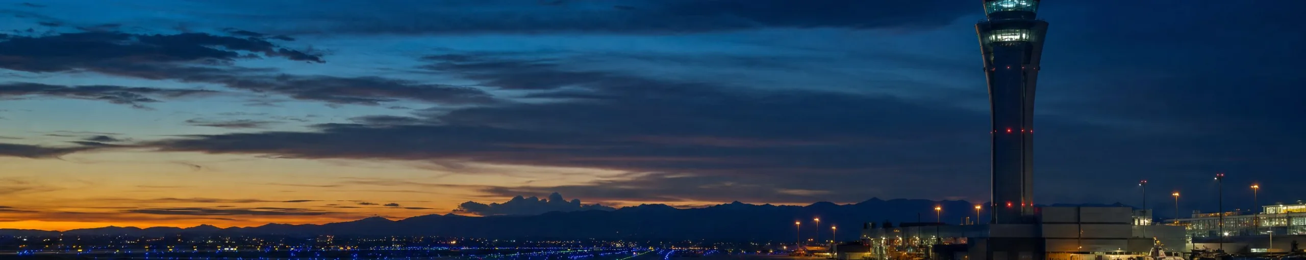 A control tower at blue hour