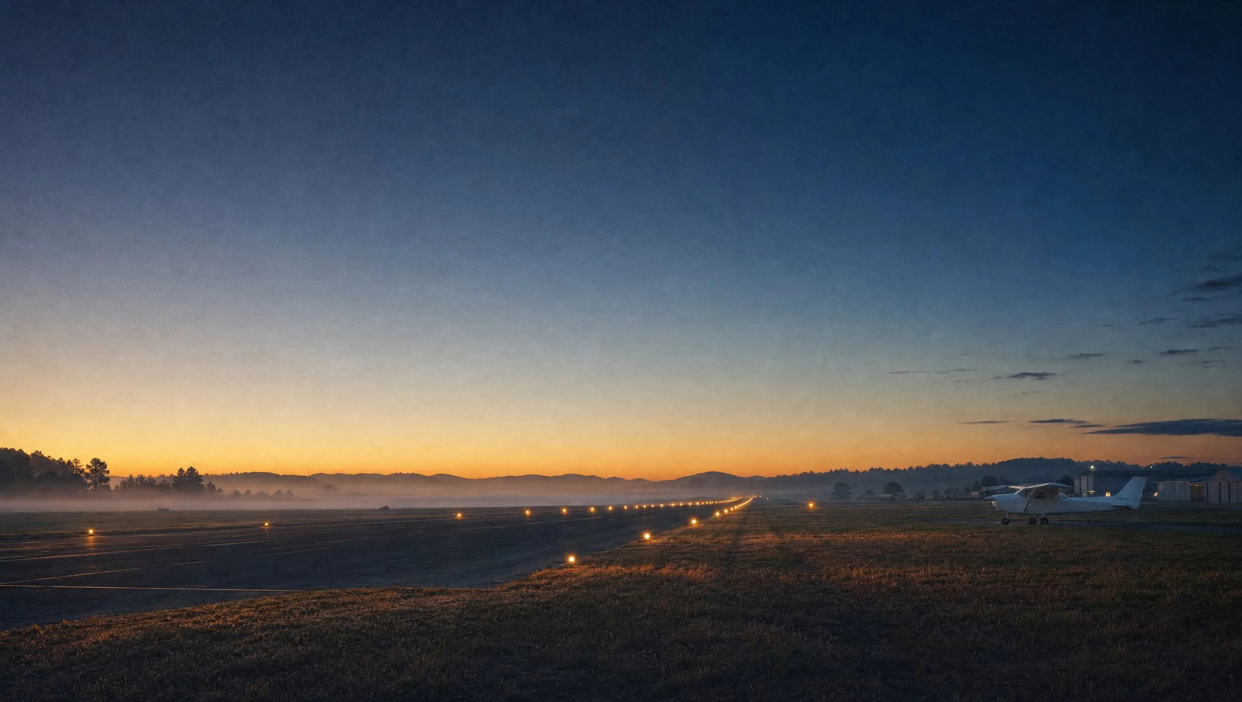 A quiet airfield at dawn, runway lights glowing through the mist