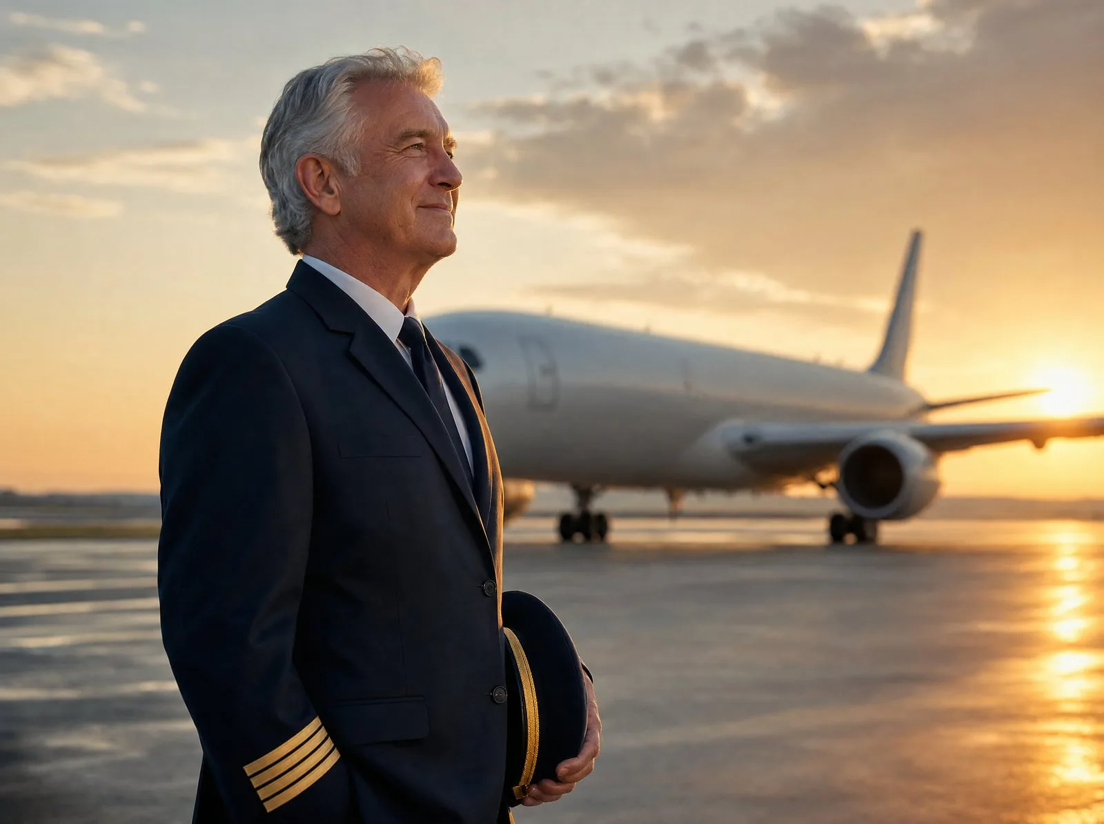 A captain looks at the sunrise on the apron