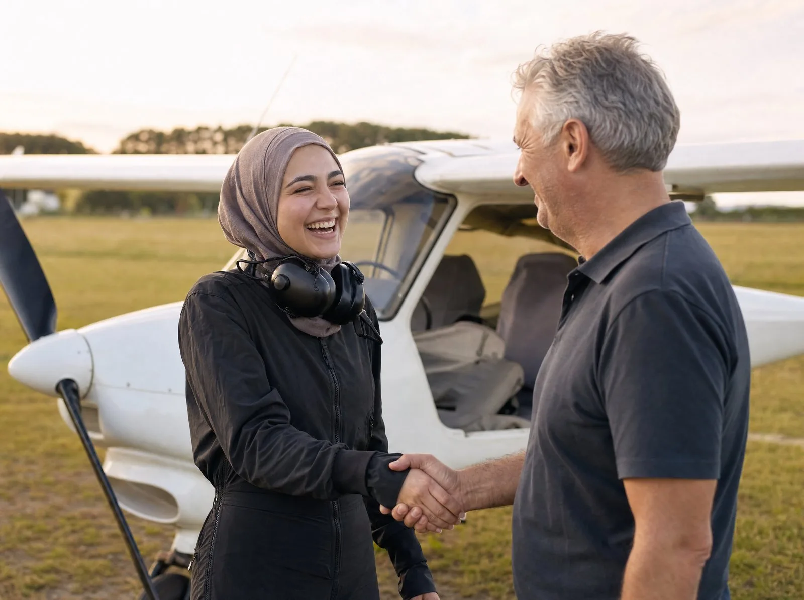 A student pilot celebrates her first solo with her instructor
