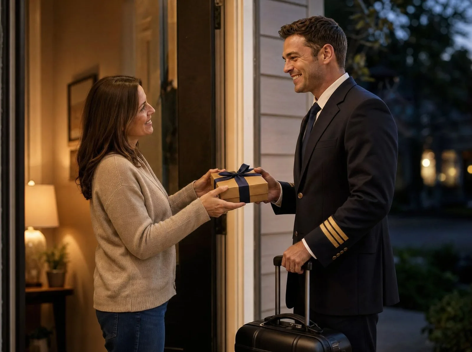 A pilot receives a small gift at the door before a trip