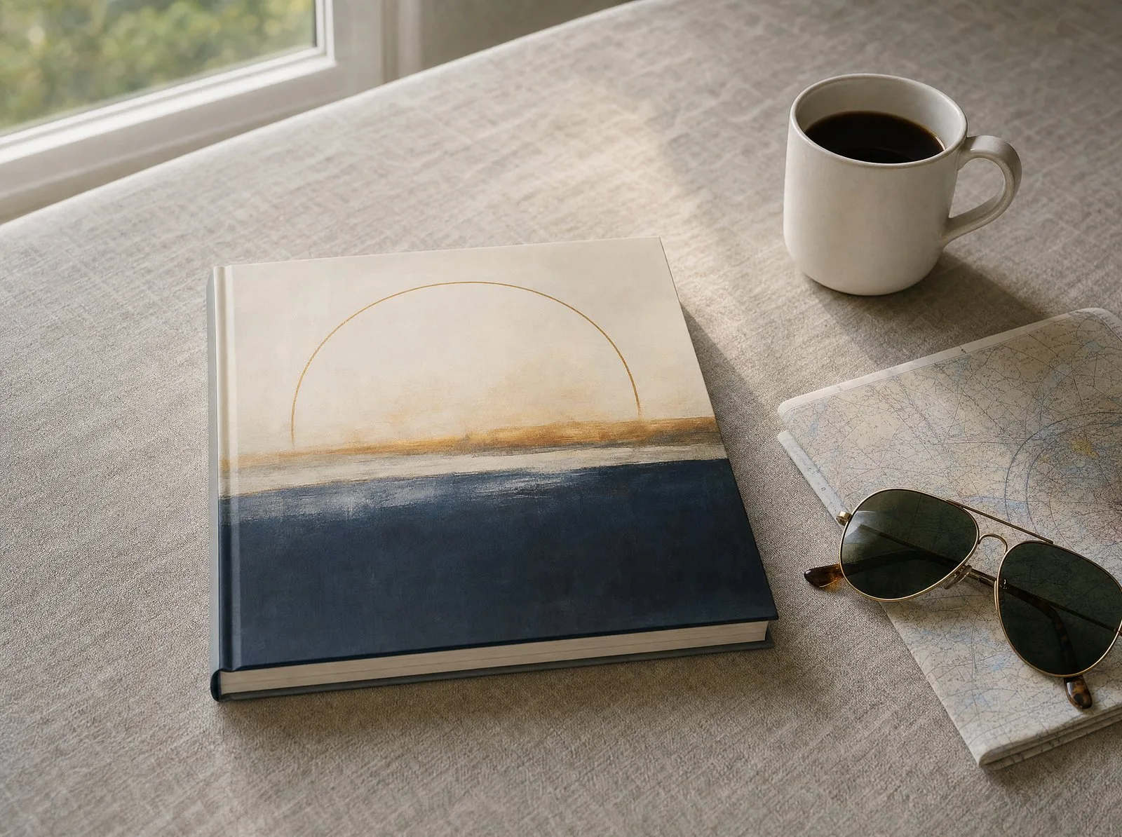 A square book with an abstract cover on a linen table