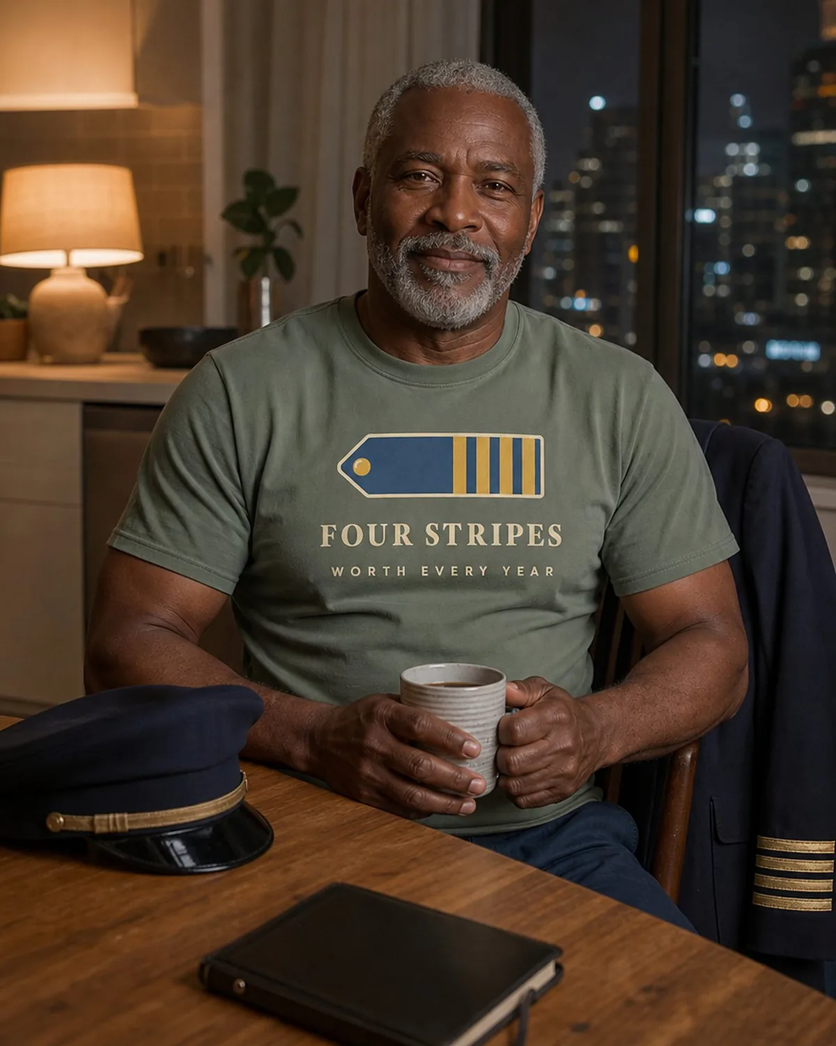 An airline captain at home in the evening after a trip, his four-stripe jacket on the chair, wearing the Four Stripes Tee in Moss (PG-0112)