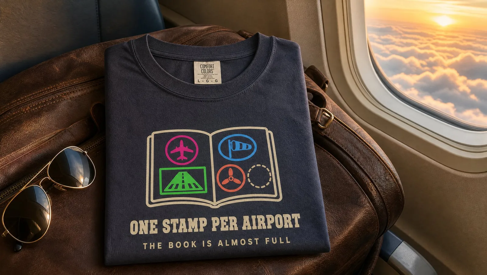 The One Stamp per Airport Tee in Navy (PG-0214) folded on a leather flight bag by an airplane window above golden clouds