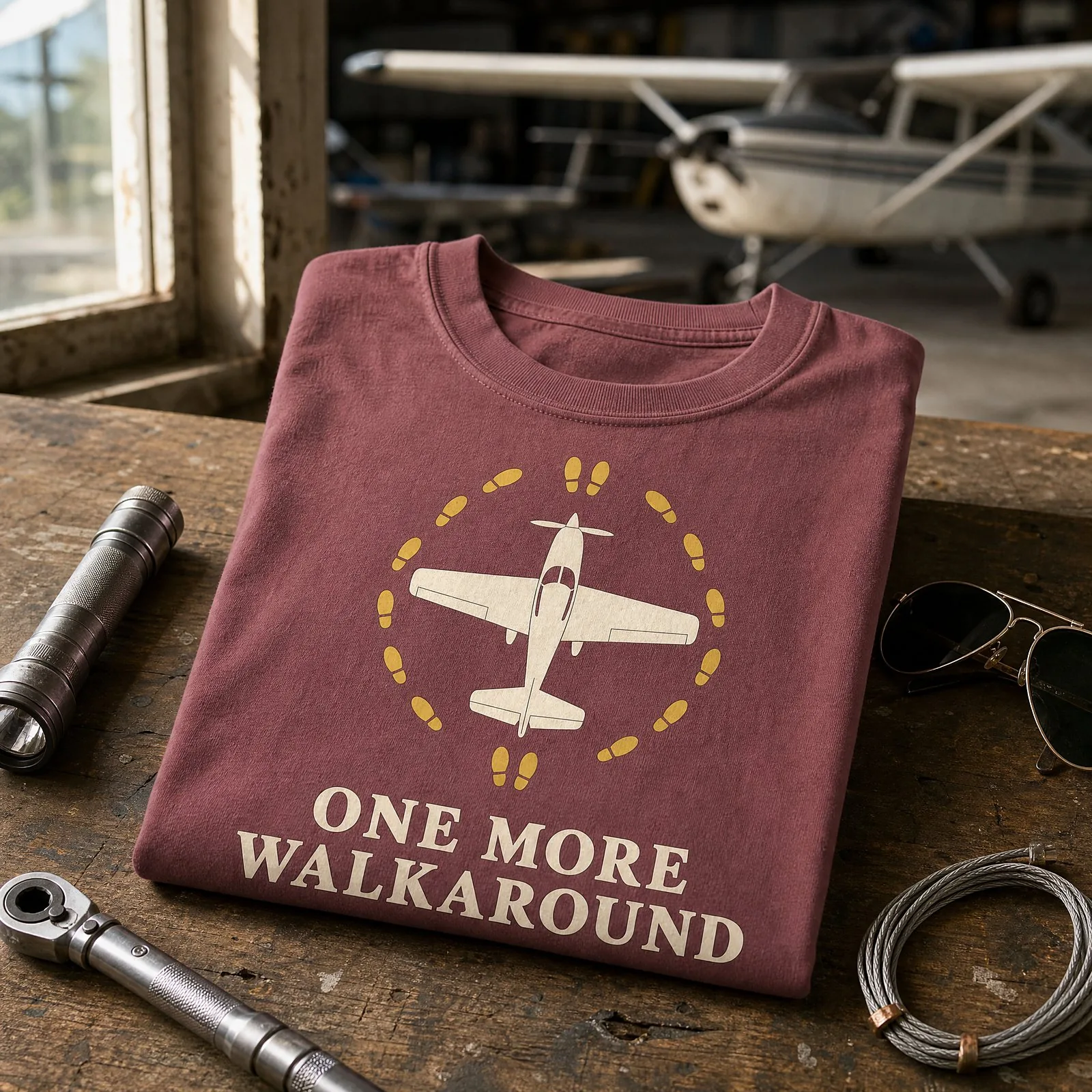 The One More Walkaround Tee in Brick (PG-0085), folded on a wooden hangar workbench beside a flashlight, a torque wrench and aviator sunglasses
