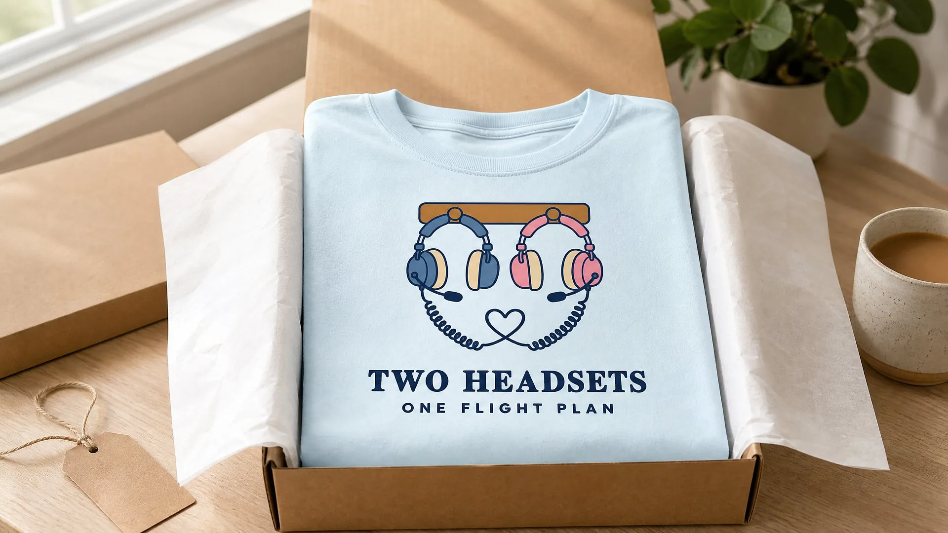 An opened kraft gift box with the Two Headsets Tee in Chambray (PG-0137) and a blank kraft gift tag on a kitchen table