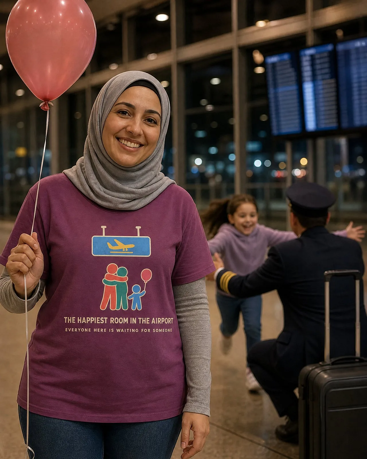 A mother in a hijab smiles with a balloon at night arrivals while her daughter runs to her pilot dad, wearing The Happiest Room Tee in Berry (PG-0369)