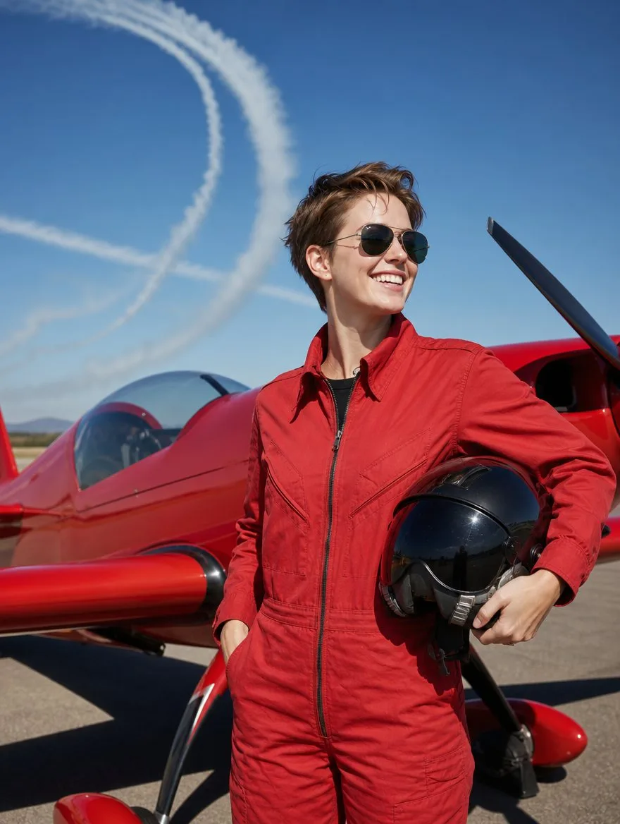 A young aerobatic pilot grins beside her monoplane