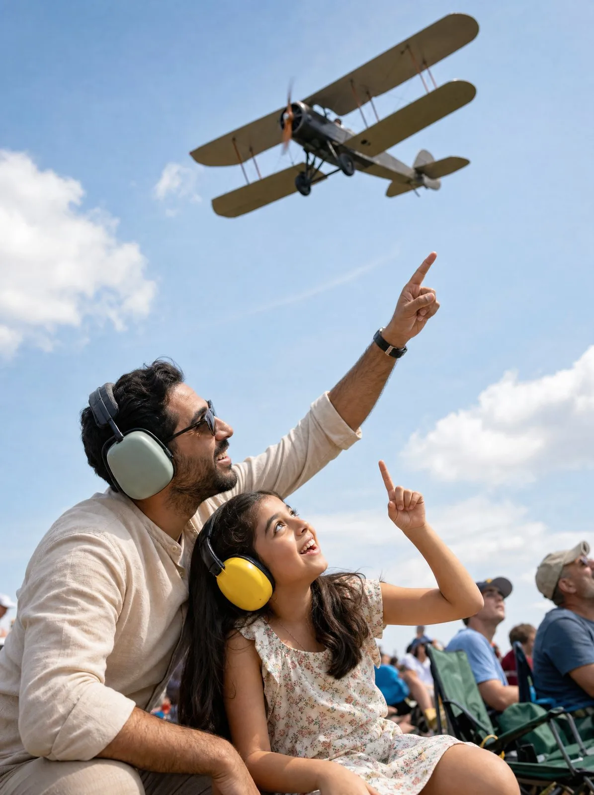 A father and daughter watch a biplane at an air show