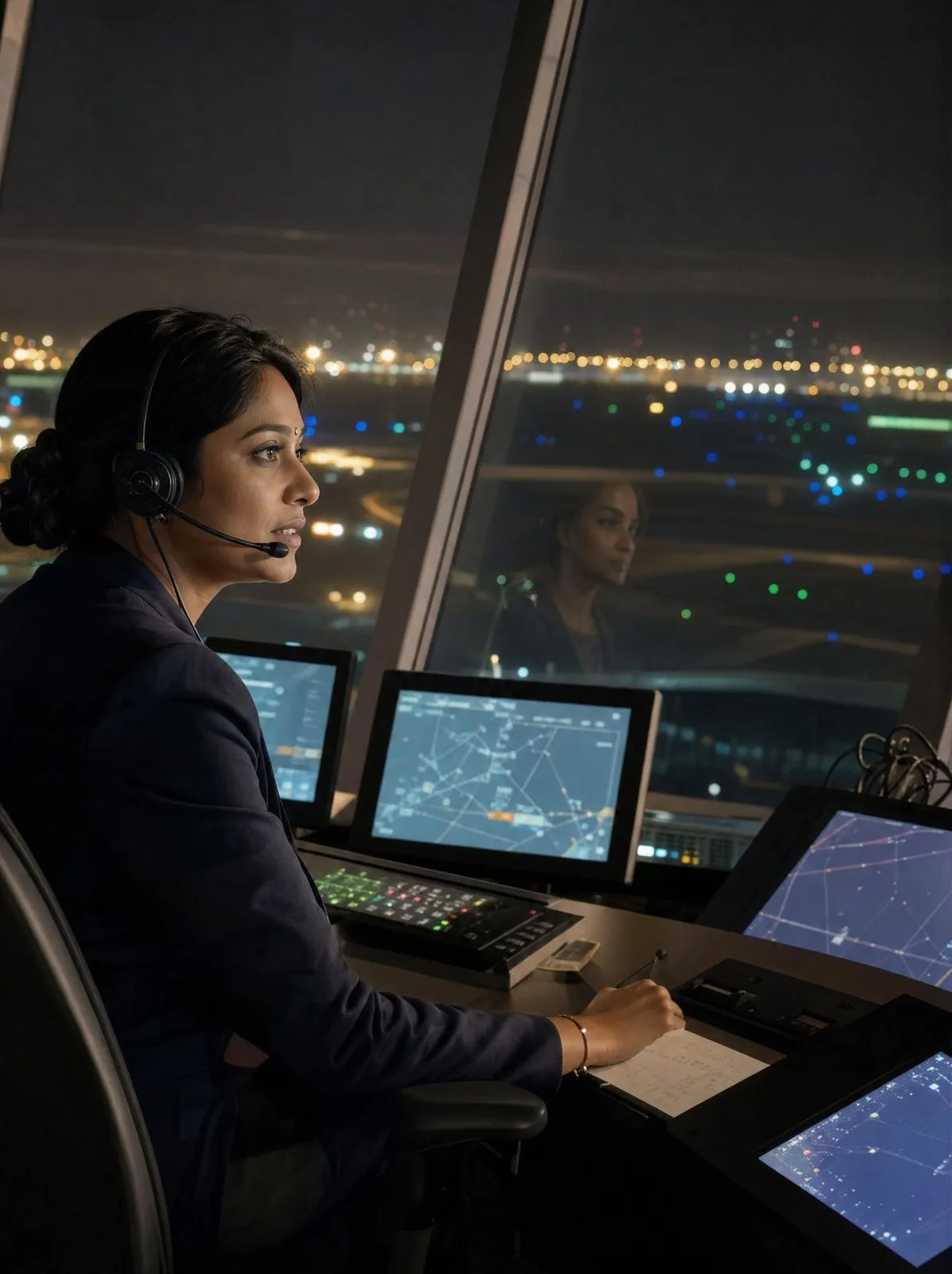An air traffic controller at work in the tower at night