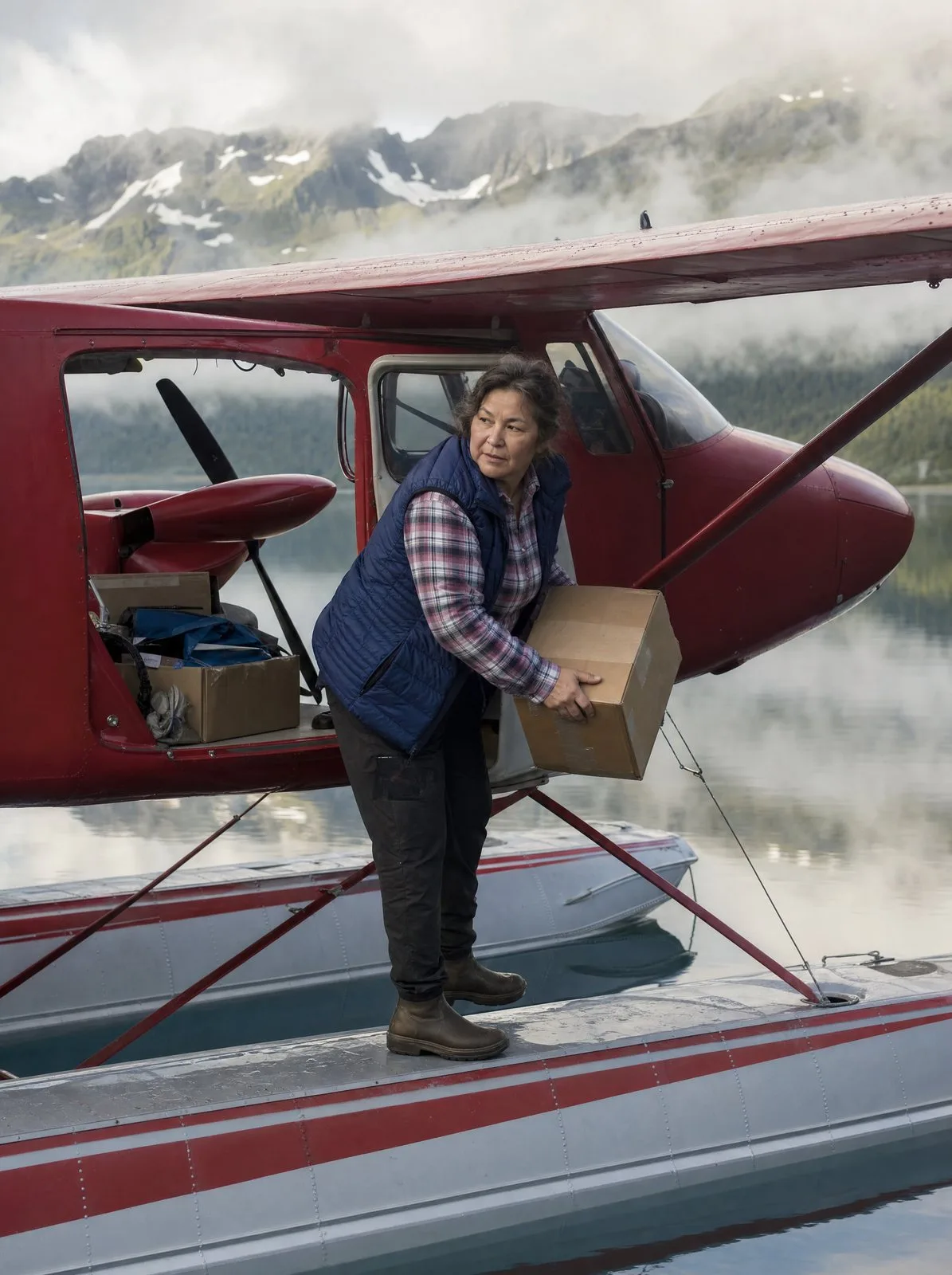 An Alaskan bush pilot stands on the float of her floatplane