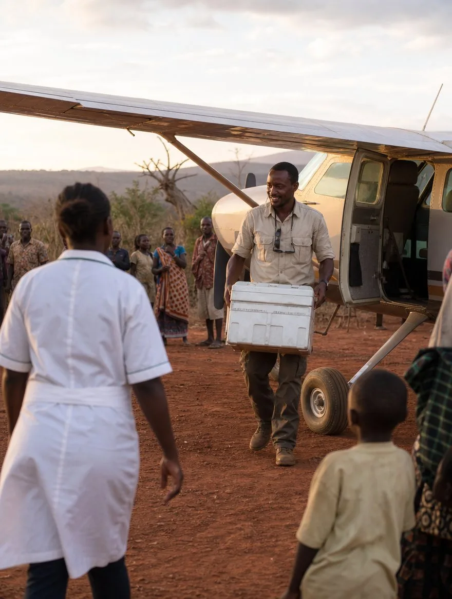 A bush pilot unloads medical supplies at a remote airstrip