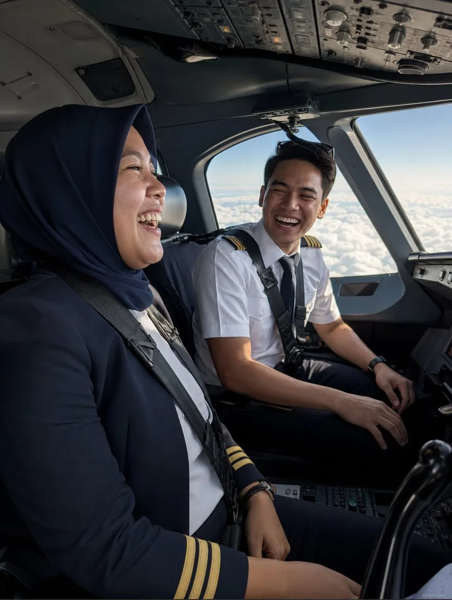 A captain in a hijab and her first officer share a joke in the cockpit