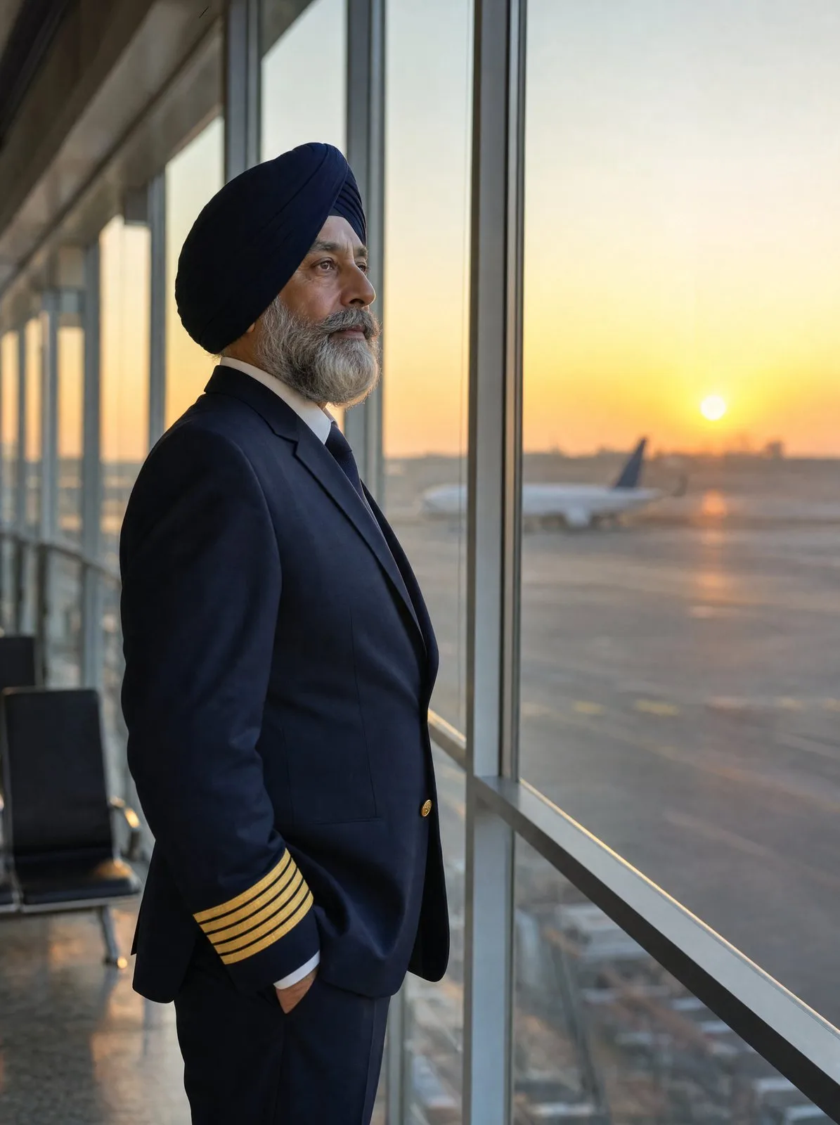 A Sikh airline captain in his sixties looks out over the terminal at dawn