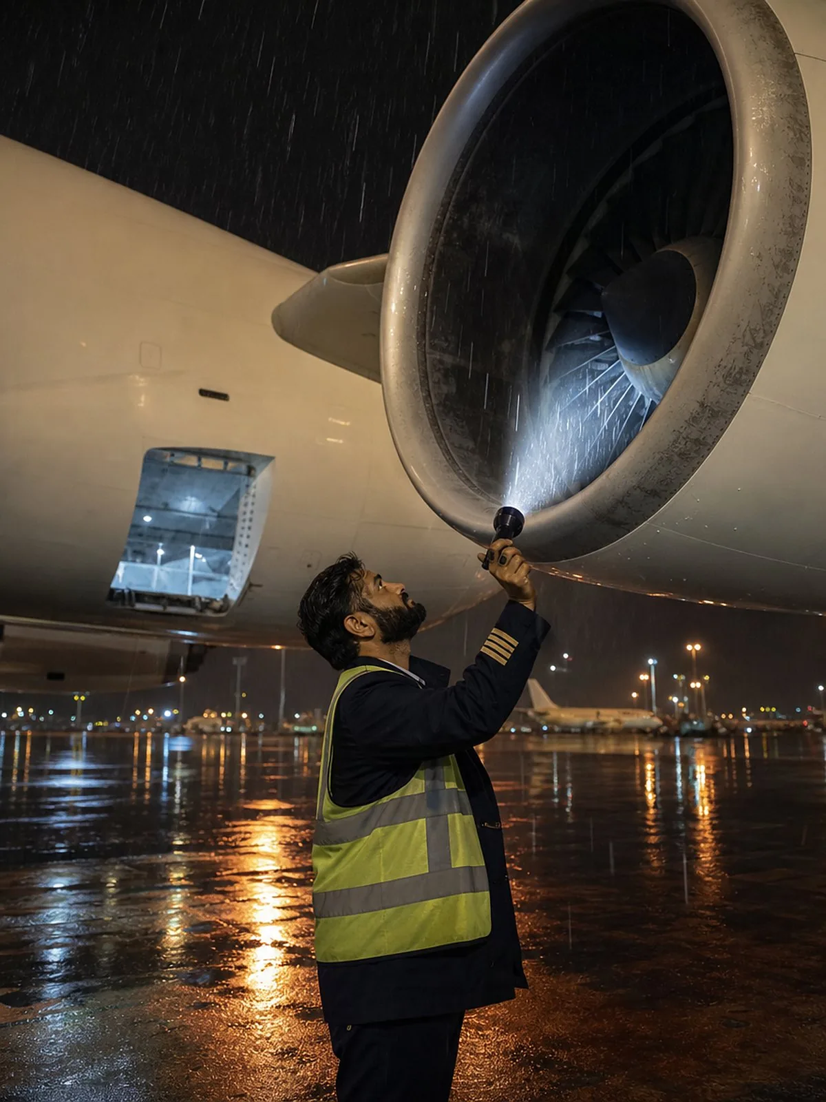 In light rain at night, a bearded cargo pilot in a high-visibility vest shines a flashlight into the engine of a freighter during his walk-around.