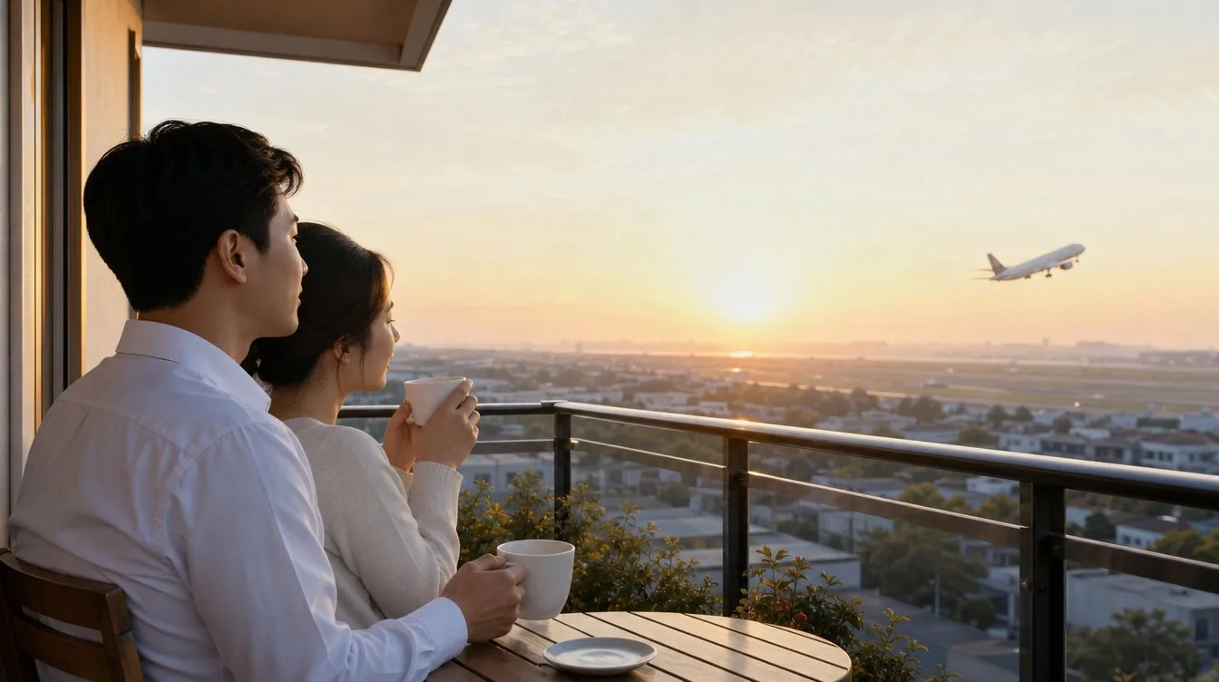 A pilot and his wife share coffee on the balcony at sunrise
