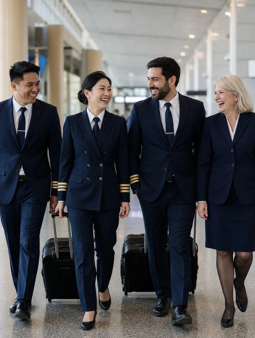 An airline crew shares a laugh as they walk through the terminal