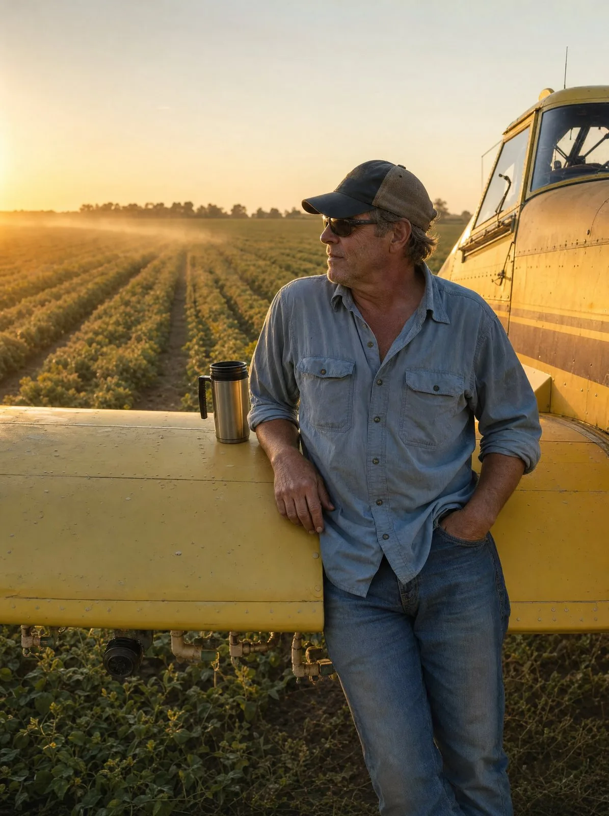 A crop duster pilot stands by his plane at the edge of the farmland