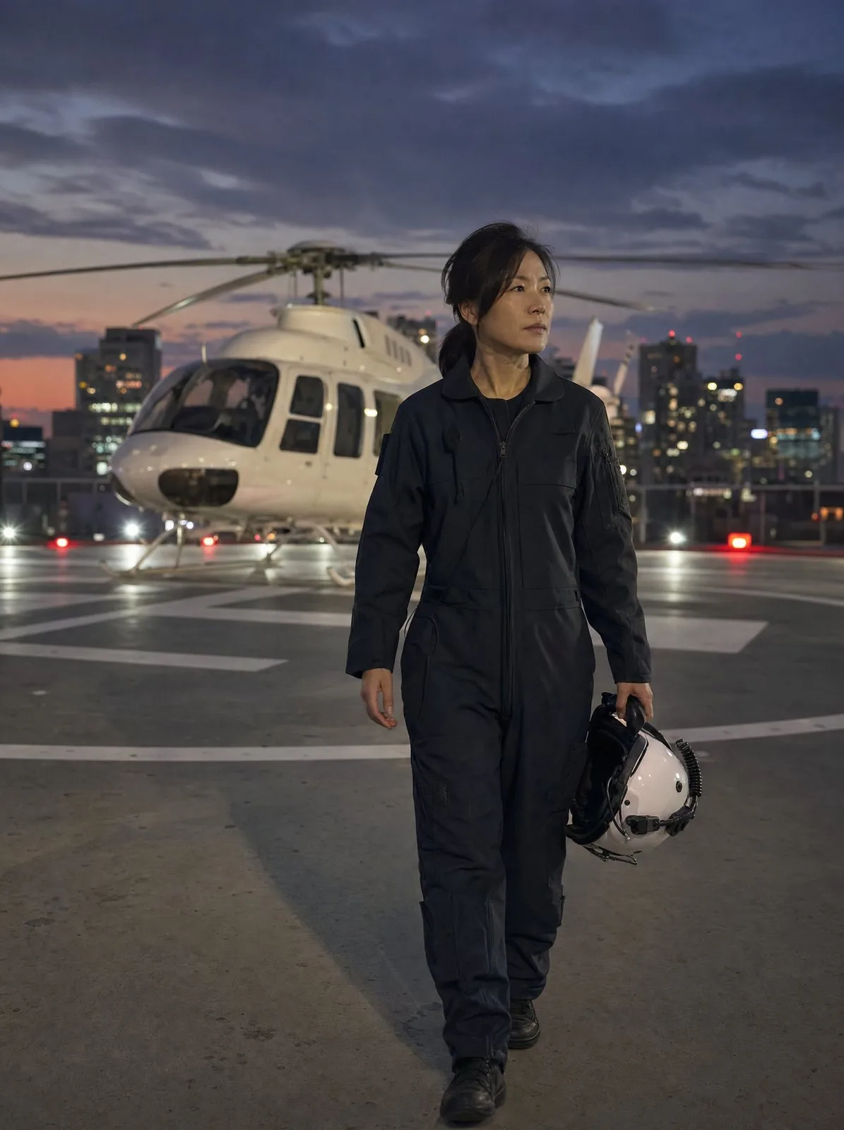 An air ambulance pilot on a hospital helipad beside her helicopter