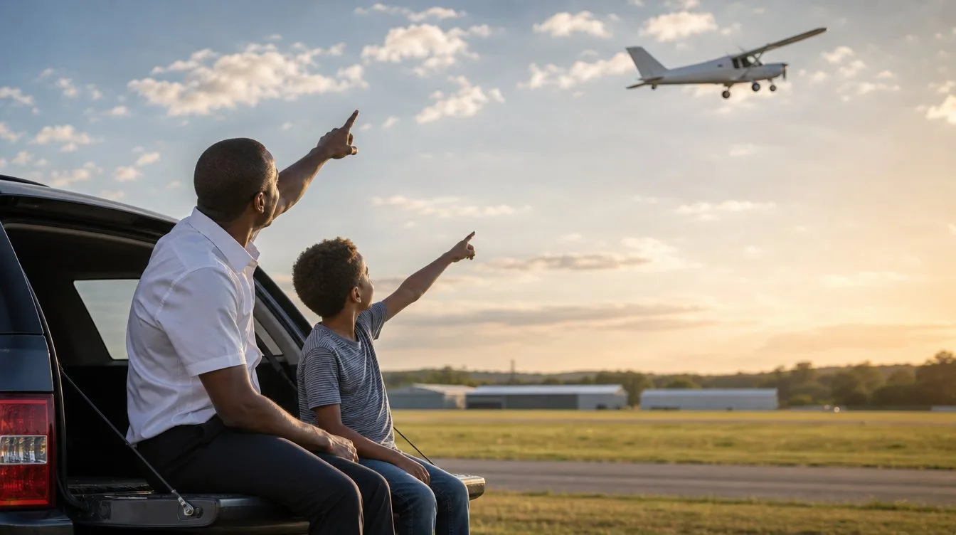A father and son point at a small plane climbing over the airfield