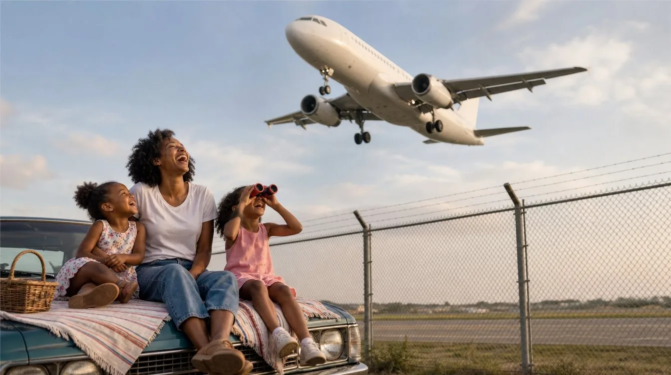 A mother and her daughters watch an airliner fly low overhead