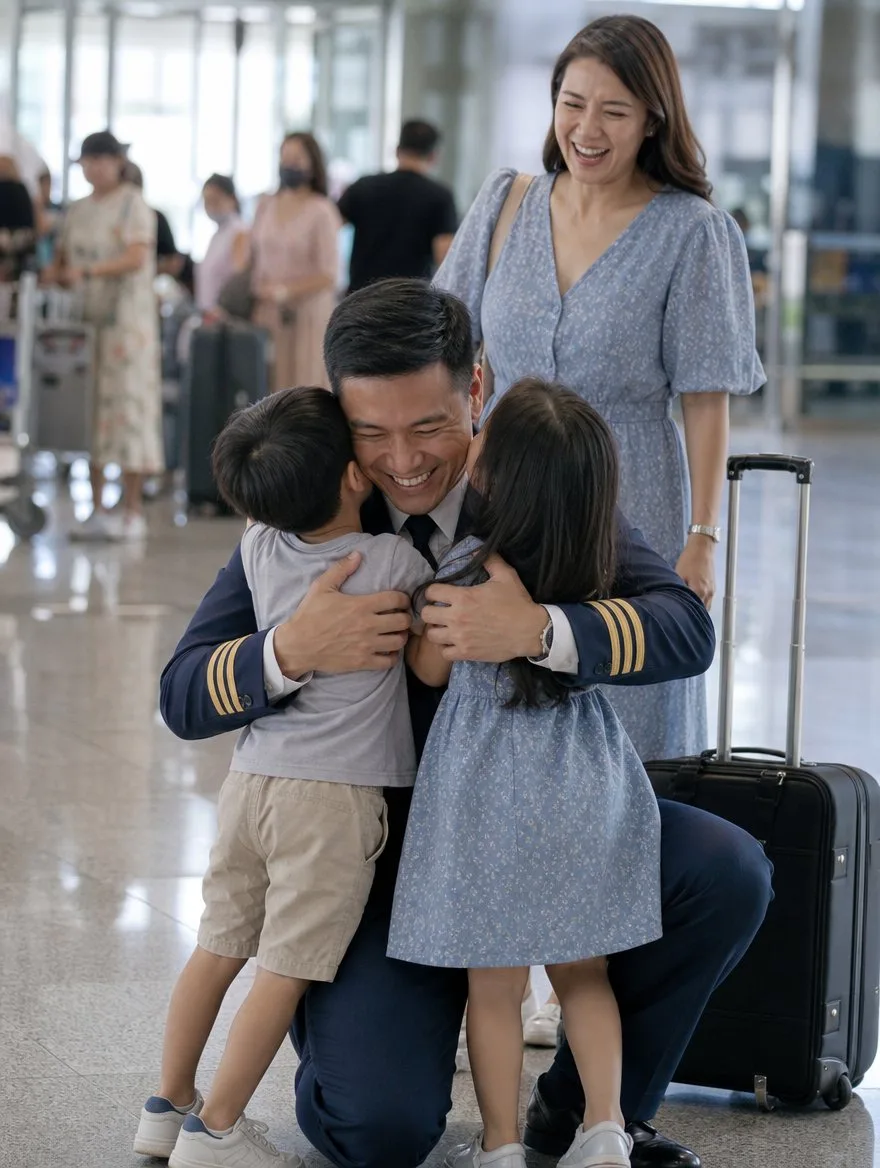 A pilot father is met by his children at arrivals
