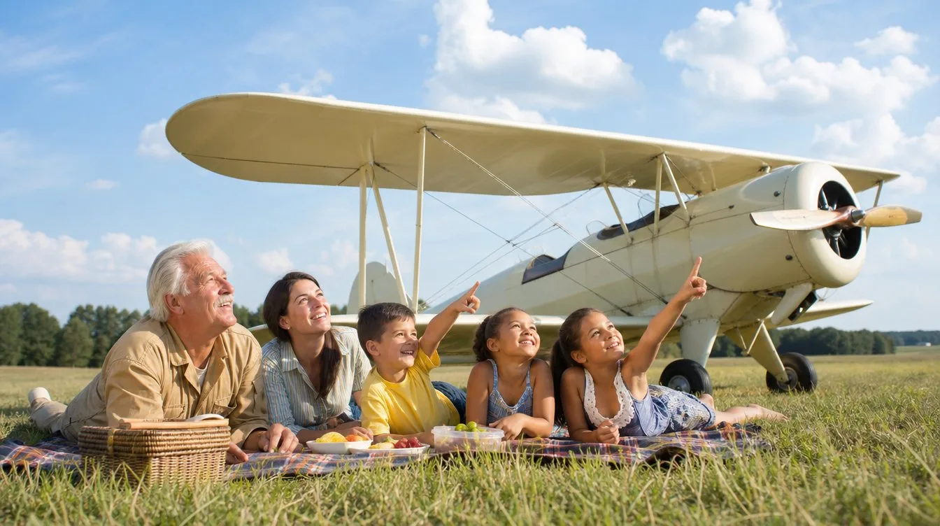A grandfather, his daughter and his grandchildren picnic beside a biplane