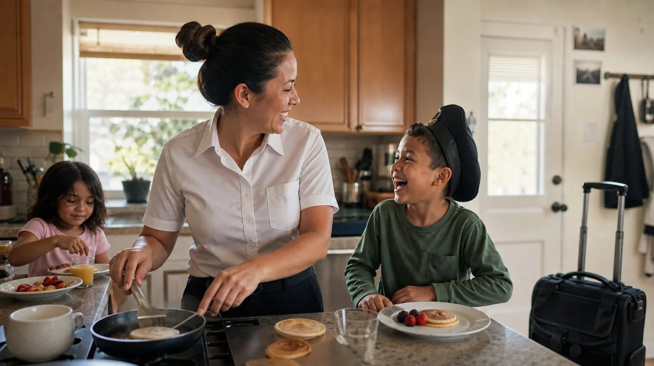 A pilot mom makes breakfast with her kids before a trip