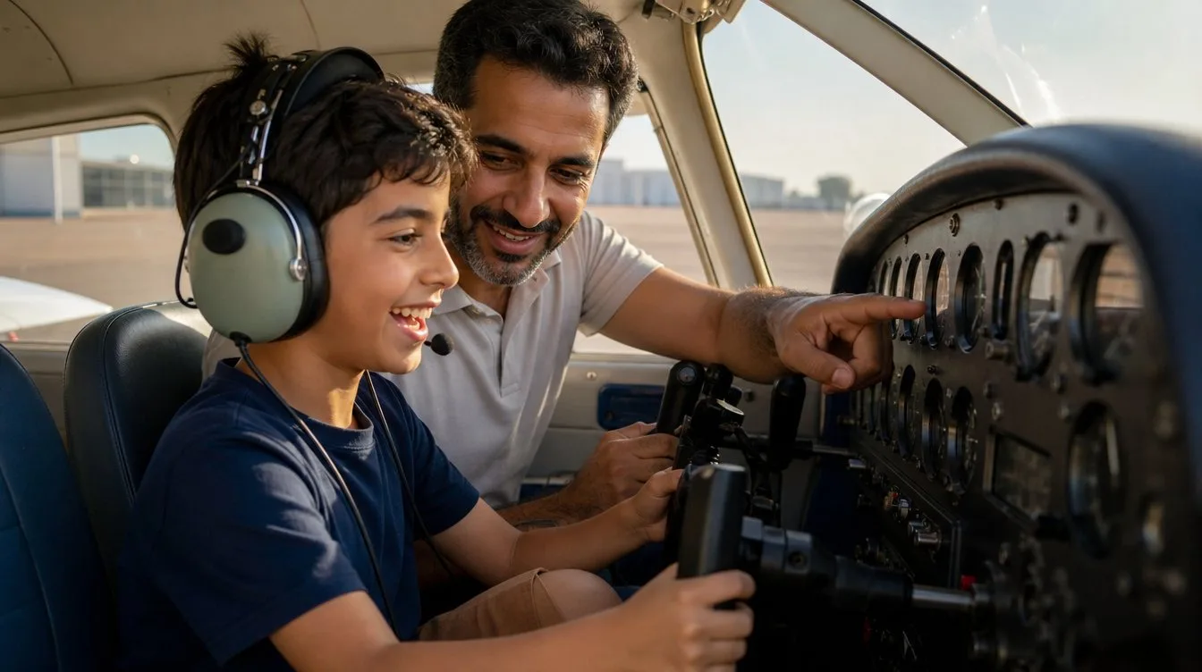 A pilot father lets his son sit in the left seat of a trainer