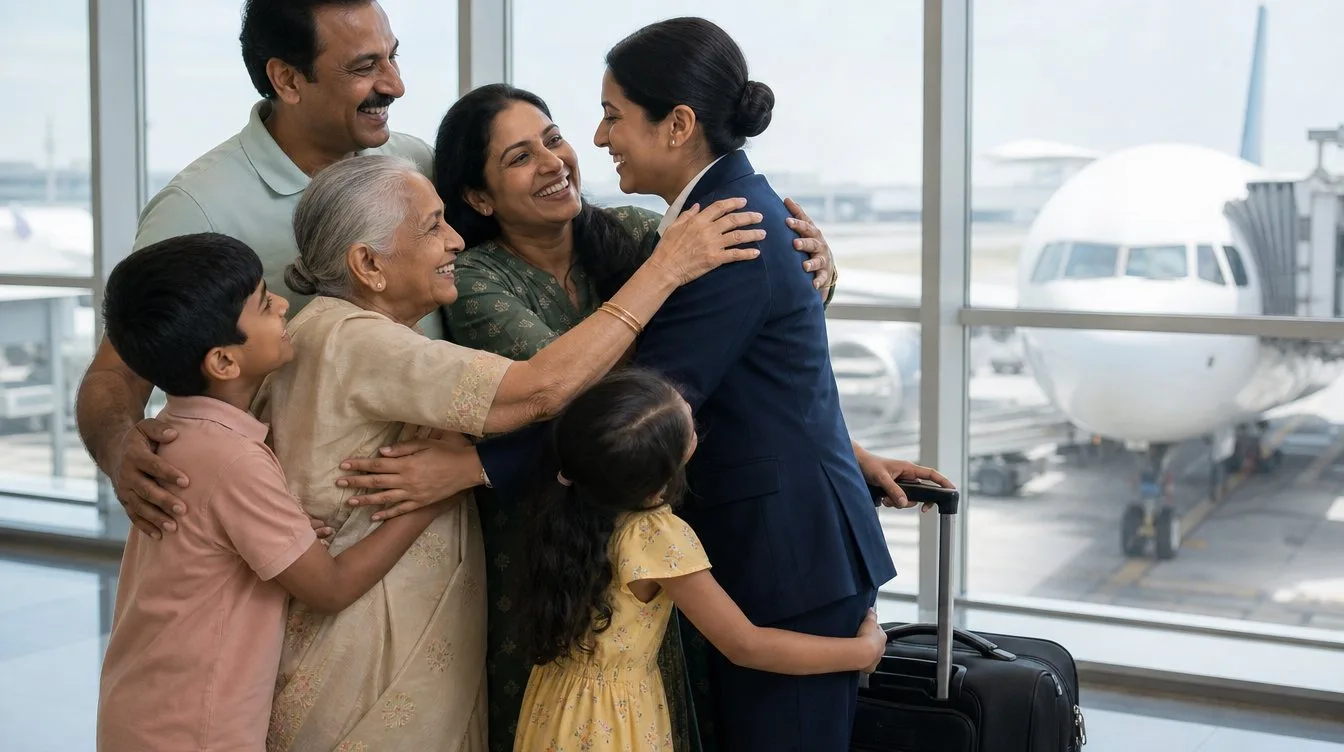 A family hugs a captain in the terminal after her trip