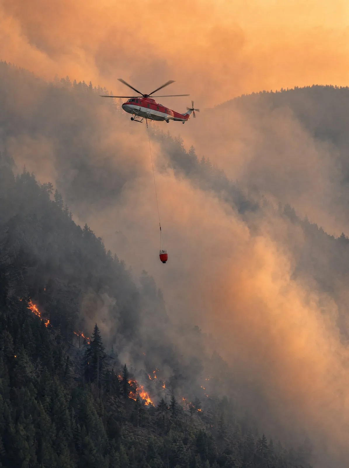 A firefighting helicopter carries water over a forest fire