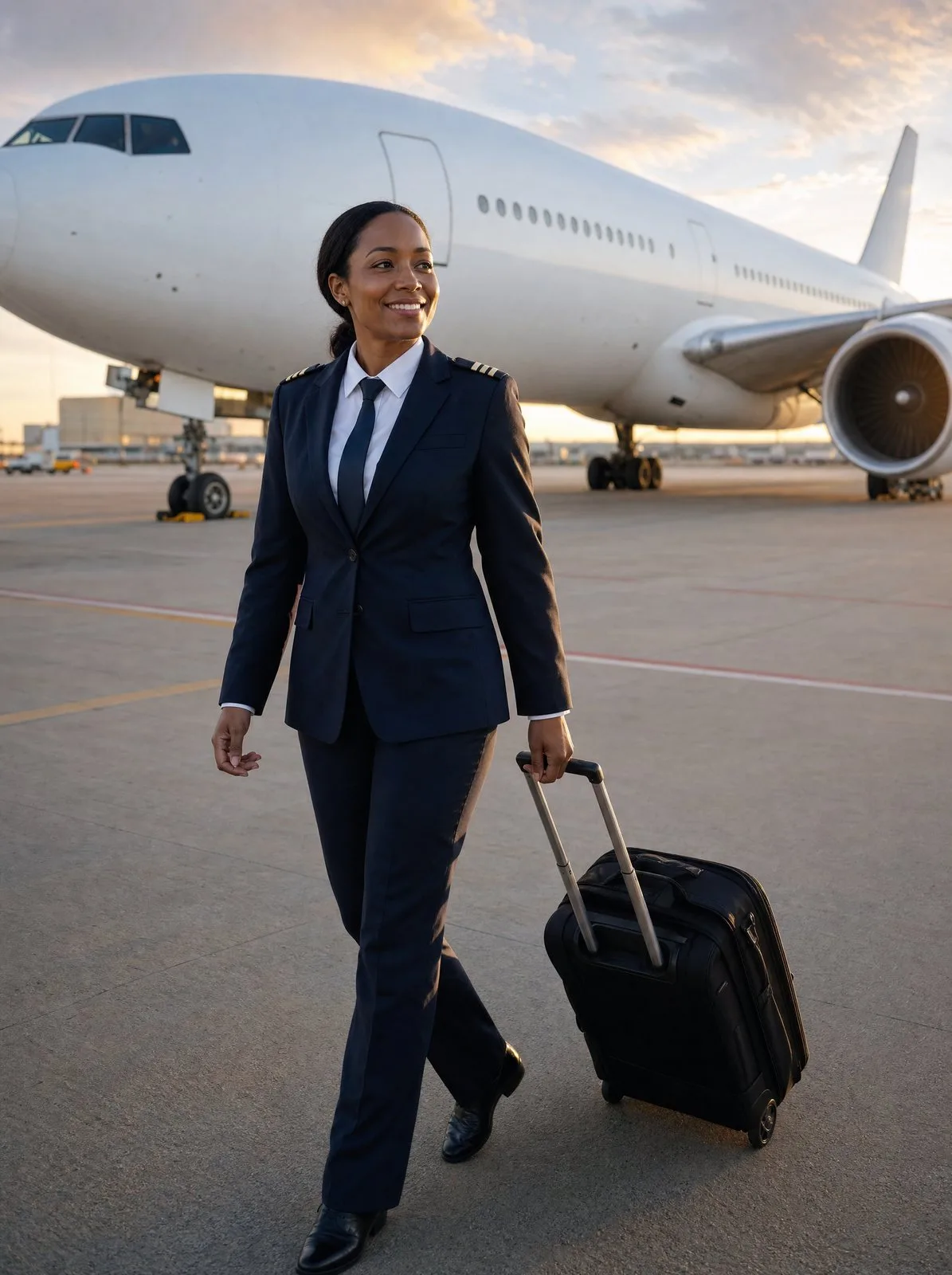 A first officer walks the apron beside a wide-body airliner at sunrise