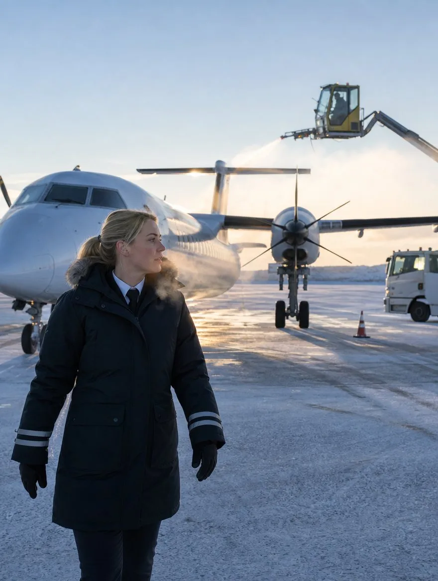 A regional first officer beside a turboprop in the snow