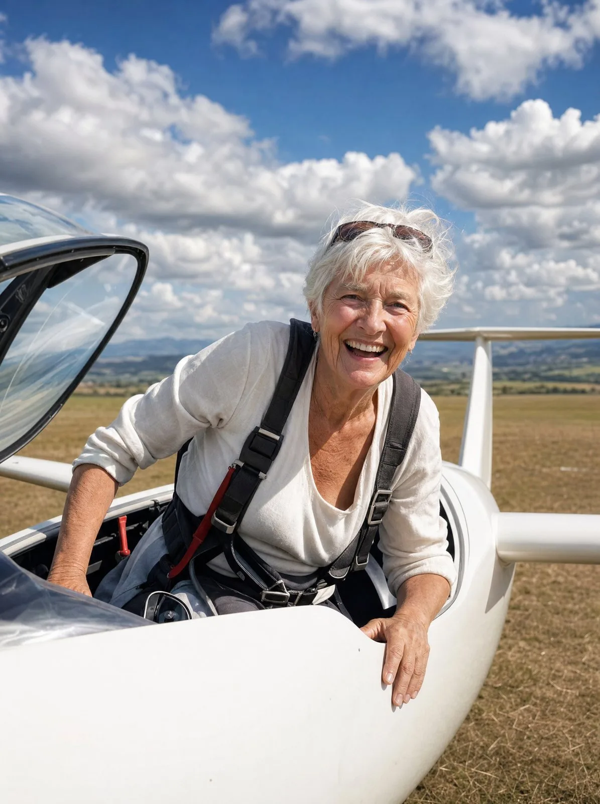 A glider pilot in her seventies laughs beside her glider